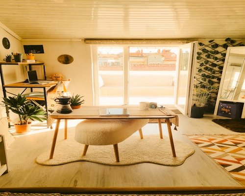 A comfortable modern workspace with warm natural light